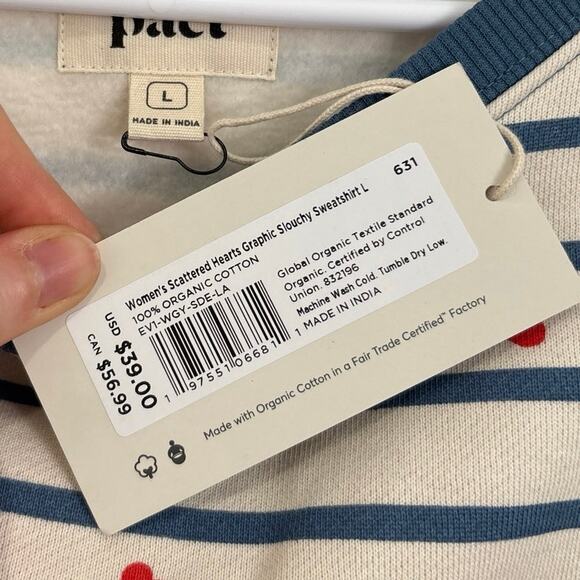 Pact Organic NWT Striped Scattered Hearts Fleece Lined Slouchy Sweatshirt Large - Picture 4 of 6